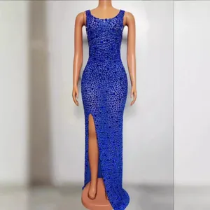 Elegant blue rhinestone-embellished long evening gown featuring a sexy high split design