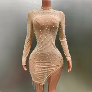 Sexy Damen Stehkragen Perlen Strass Bodycon Mini Kleid Elegant Langarm Fransen Tassel Nachtclub Party Abendkleid