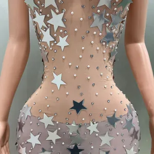 Close-up detail of shimmering silver star sequins and delicate pearls on mesh dress.
