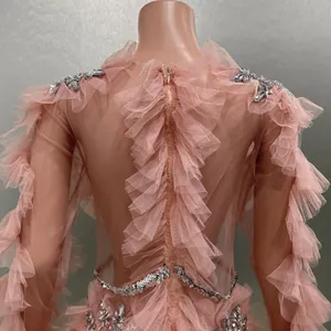 Close-up of elegant pink mesh dress with ruffled back detail and rhinestone embellishments