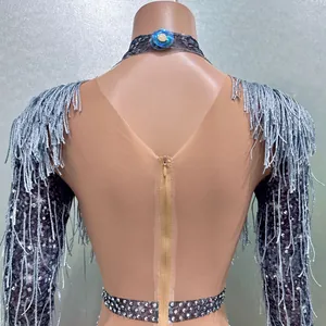 Vista posteriore dell'abito da scena in rete nude con frange argentate e cintura strass.