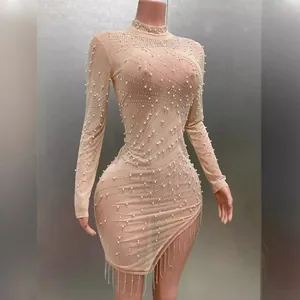 Sexiges hochgeschlossenes Langarm-Minikleid mit Strasssteinen und Fransendetails