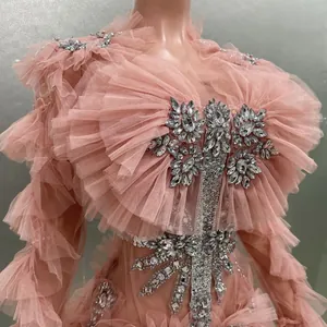 Detailed view of elegant pink mesh ruffled long-sleeve dress with intricate rhinestone patterns