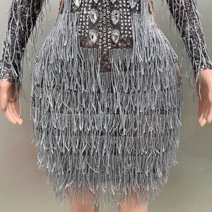 Dettaglio ravvicinato di strass e frange argentate su un sexy abito da palcoscenico