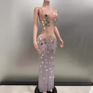 Elegant sleeveless backless bodycon maxi party dress with silver star sequin embellishments
