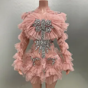Elegant Pink Mesh Pleated Long Sleeve Mini Dress With Rhinestone Embellishment Slim Fit Evening Gown For Women Party Wear