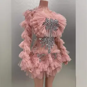 Elegant pink ruffled mesh mini dress with sparkling rhinestone crystal embellishments