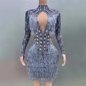 Abito Mini Bodycon Sexy Grigio Argento da Donna con Strass e Nappine Manica Lunga per Palcoscenico Festa Sera