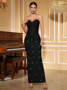 Elegant black strapless mermaid bandage maxi dress with rhinestone accents for evening wear