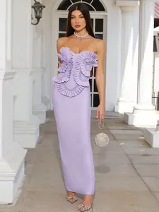Full body view of elegant lavender strapless bandage maxi dress with beaded ruffle detail