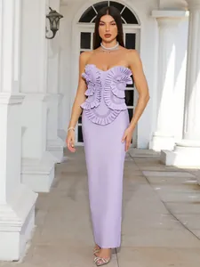 Elegant purple strapless bandage dress featuring ruffled details and beadwork