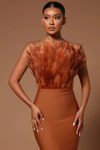 Detailed view of an elegant brown strapless midi bandage dress with luxury feather trim