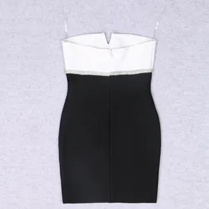 Elegant black and white strapless bandage dress featuring a V-neck and rhinestone waist