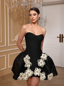 Elegant black strapless bandage dress with 3D white flower appliques for evening party.