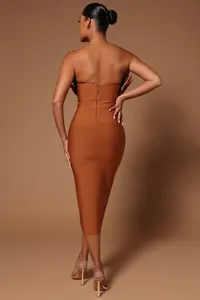 Back view of a brown strapless feather bandage midi dress featuring back zipper
