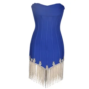 Royal blue strapless bandage dress with rhinestone accents and chain fringe detail
