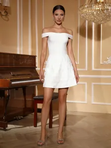 Elegant white off-the-shoulder bandage dress with pleated A-line skirt and slim fit
