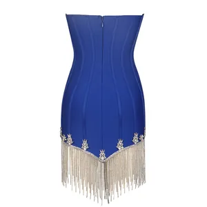Detail of royal blue strapless bandage dress with rhinestone and metal fringe hem