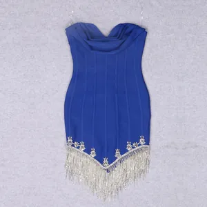 Royal blue bandage mini dress featuring silver rhinestone fringe and pleated neckline