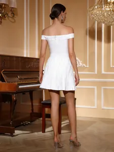 Elegant white off-the-shoulder bandage A-line cocktail dress back view details