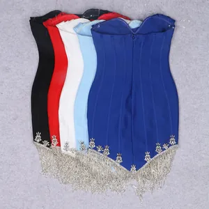 Strapless bandage mini dresses with corset boning and rhinestone fringe in five colors.