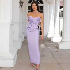 Elegant Purple Strapless Bandage Maxi Dress Women Ruched Patchwork Beaded Bodycon Evening Party Gown High Stretch Slim Fit Dress