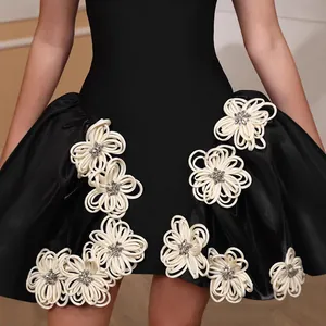 Elegant black strapless bandage mini dress with 3D white flower appliques and rhinestones