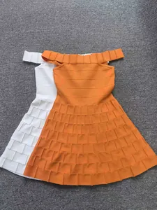 Detailed view of white and orange off-the-shoulder bandage A-line cocktail dresses