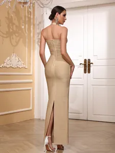 Elegant beige sleeveless bandage maxi dress with back zipper, slit and slimming slim fit
