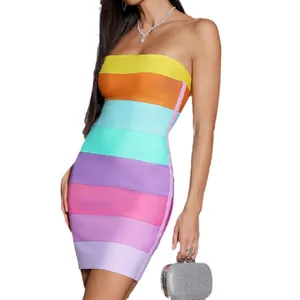 Robe mini moulante bandage rayée arc-en-ciel sexy sans bretelles