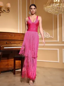Full view of elegant magenta fringe bandage dress with deep V-neck for formal events