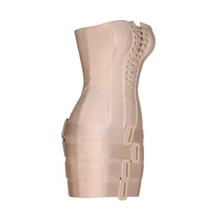 Side view of an apricot bandage mini dress featuring a lace-up front and buckle details.