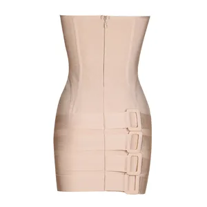 Back view of apricot strapless bandage dress featuring elegant buckle details and zipper
