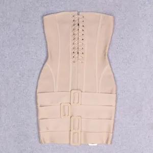Elegant beige strapless bandage mini dress with front lace-up and buckle details