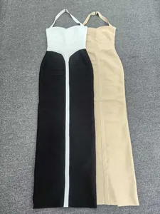Elegant halter sleeveless bandage maxi dress in black-white and beige variants.