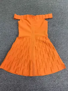 Rear view of orange off-the-shoulder bandage dress with tiered texture and zipper