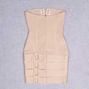Elegant apricot knit bandage tube mini dress with lace-up back and side buckle details