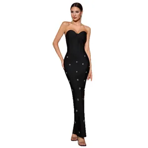 Elegant black strapless mermaid evening dress with sparkling gemstone accents for women.