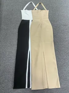 Rear view detailed comparison of two sleeveless bandage maxi dresses in black-white and beige