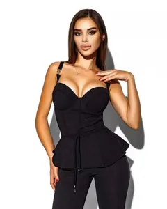 Elegant black knit bandage peplum top and trousers two-piece set for women