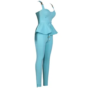 Side view of light blue ribbed bandage peplum top and matching high-waisted skinny pants set