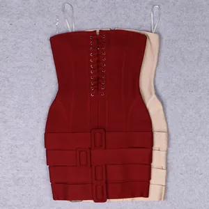Close-up of sexy strapless bandage dress with front lace-up and buckle details