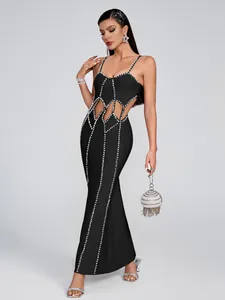 Elegant black bandage maxi dress with sparkling rhinestone stripes and sexy waist cut-outs