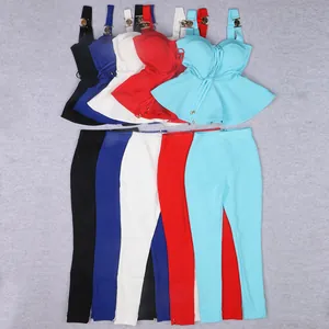 Detailed view of the ribbed knit two-piece set in multiple colors with metal buckles
