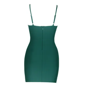 Close-up back view of a dark green backless bodycon bandage dress with hidden zipper.