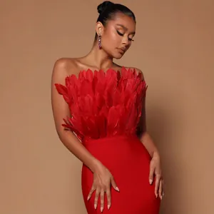 Elegant strapless red mid-length bandage dress with premium feather detailing on chest