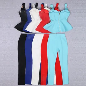 Vibrant two-piece set featuring peplum tops and ribbed long pants in multiple colors.