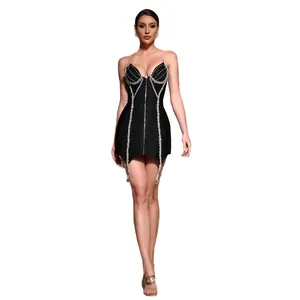 Elegant black bandage mini dress featuring shimmering rhinestone accents for night club party