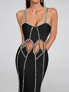 Detailed view of sexy black bandage dress featuring sparkling rhinestone-embellished waist cutouts