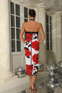 Back view of a backless halter bandage dress featuring a bold red rose floral print.